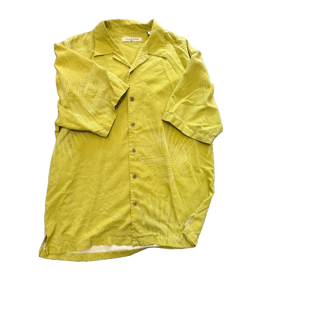 Tommy Bahama 100% SILK Mens Size L Yellow Button Up Shirt Cruise Beach Hawaiian